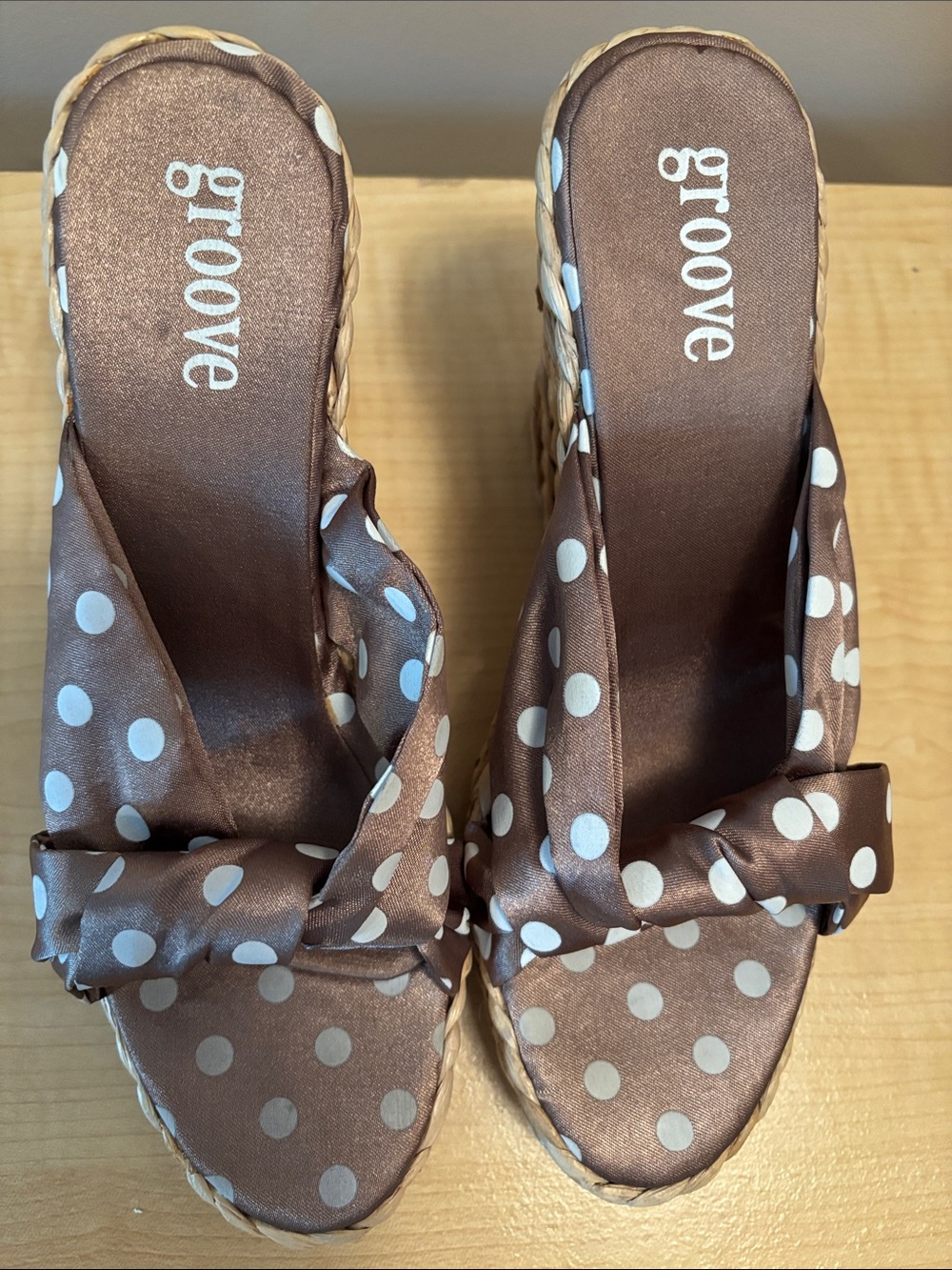 groove Brown and White Satin Polka Dot Braided Wedge Sandals